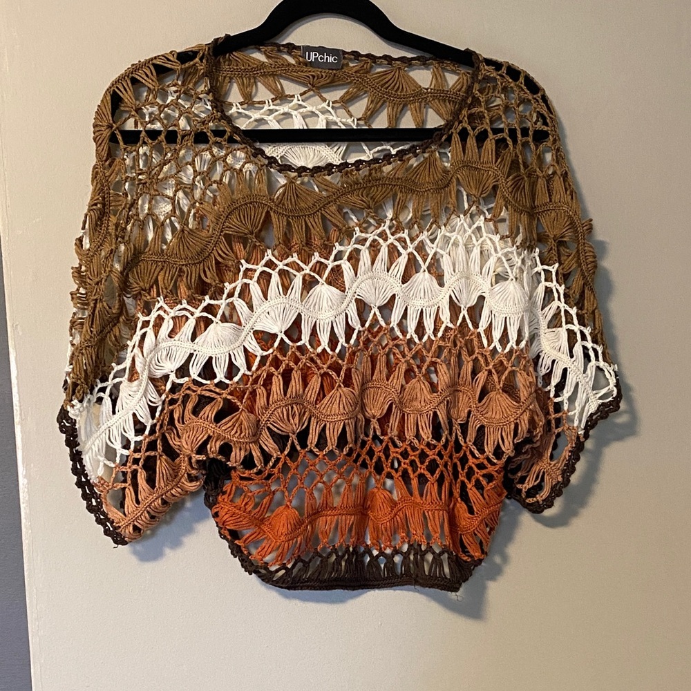 Chic Women's Brown and White Crochet Poncho